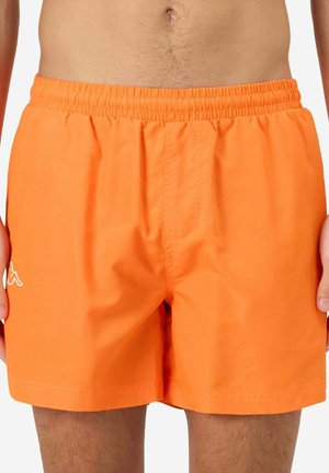 Pantaloni da nuoto arancioni realizzati in tessuto leggero, dotati di vita elasticizzata, accentati da un logo bianco e con un design a orlo dritto.