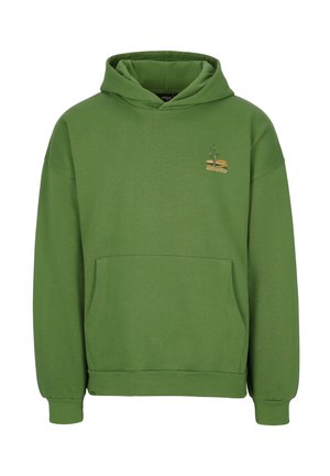 Green hooded sweatshirt made from soft fabric, featuring a front pouch pocket and a small graphic design on the chest.