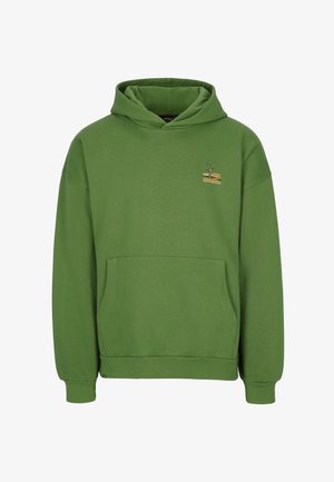 Groene hoodies gemaakt van zacht materiaal, met een voorzak en een kleine grafische afbeelding op de borst.