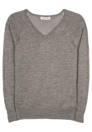 Jasnoszary sweter z dzianiny z dekoltem w serek, długimi rękawami i ściągaczami na mankietach, oznaczony marką See By Chloé.