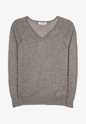 Jasnoszary sweter z dzianiny z dekoltem w serek, długimi rękawami i ściągaczami na mankietach, oznaczony marką See By Chloé.