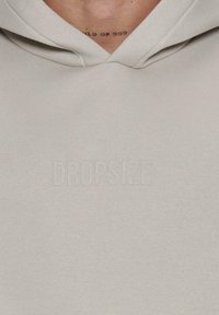 Lys grå hoodie med en blød tekstur, kengurulomme og et trykt logo "DROPSIZE" på forsiden. Hoodien har en afslappet pasform.