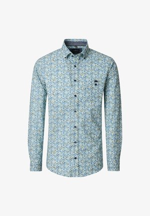 Long-sleeve button-up shirt with blue and green floral pattern and button-down collar, featuring a small chest pocket with logo patch.