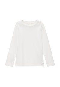 Biała longsleeve z okrągłym dekoltem, wykonana z miękkiego materiału. Posiada małe, drukowane logo w dolnym lewym rogu. Prosty design.