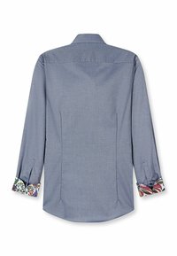 Blau gemustertes Hemd mit klassischem Kragen, das bunte Blumenakzente an den Manschetten und eine taillierte Passform aufweist.