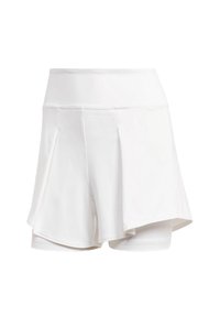 Pantalones cortos deportivos blancos con un diseño en capas, que cuentan con una cinturilla ancha, textura suave y pantalones interiores para mayor cobertura.