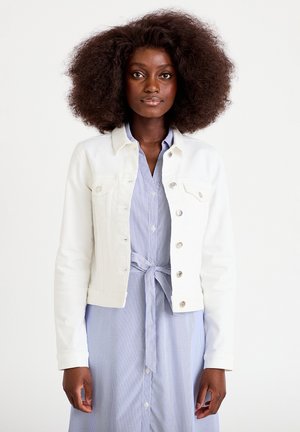 Vrouw met volumineus krullend haar, gekleed in een witte jasje met knopen over een lichtblauwe jurk met strepen, gestrikt in de taille, frontaal gekeerd.