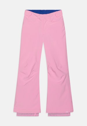 Rosa Skihosen mit weiter Beinform, ausgestattet mit einem blauen Bund und elastischen Manschetten am Saum. Glatte Textur mit genähten Akzenten.