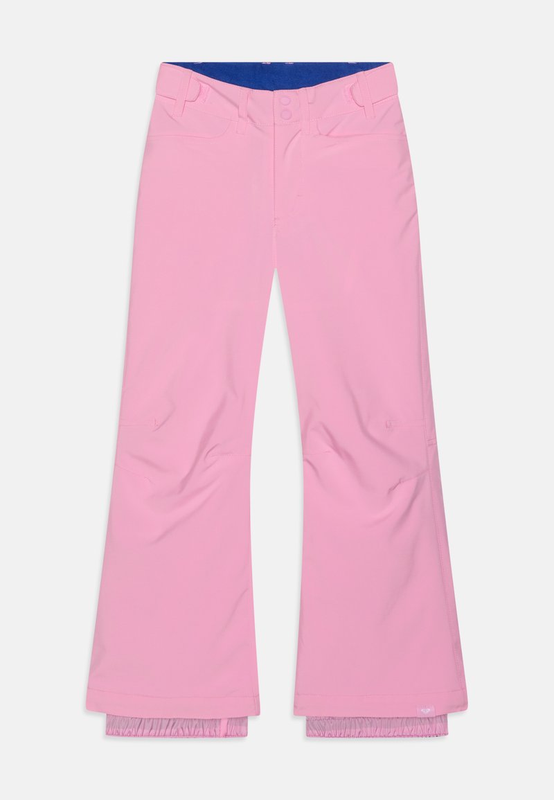 Rosa skidbyxor med en bred bendesign, som har en blå midja och elastiska manschetter i botten. Slät textur med sydda detaljer.