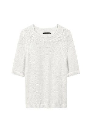 White knitted short-sleeve sweater with a round neckline and ribbed edges, featuring a loose fit and textured knit pattern.