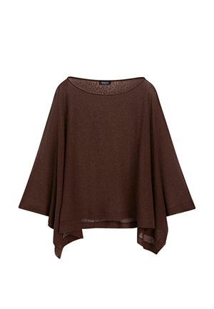 Maglione marrone in stile poncho, ampio, con maniche larghe e orlo asimmetrico, realizzato in tessuto lavorato a maglia leggero.