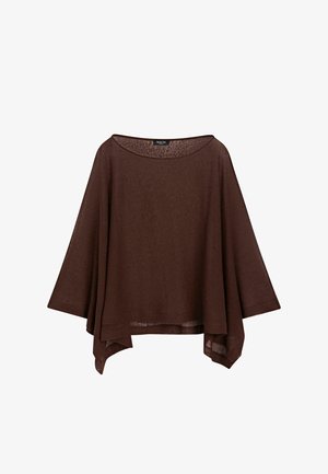 Maglione marrone in stile poncho, ampio, con maniche larghe e orlo asimmetrico, realizzato in tessuto lavorato a maglia leggero.