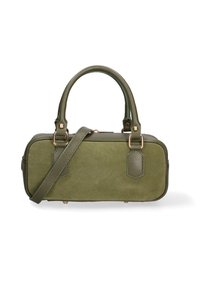 Borsa a mano verde in suede con doppi manici, tracolla regolabile, hardware color oro, forma rettangolare strutturata e dettagli testurizzati.