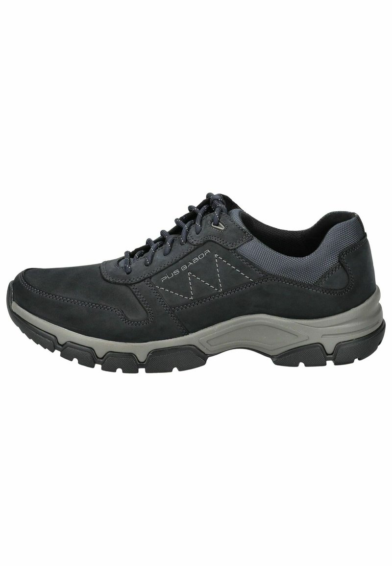 Sneaker nera in pelle con accenti grigi, pannelli in rete, chiusura con lacci, suola imbottita e modello di battistrada robusto per una migliore aderenza.