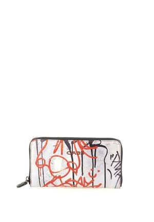 Portafoglio con chiusura a cerniera con design astratto in stile graffiti rosso e nero su sfondo bianco e piccolo logo "GABS" al centro.