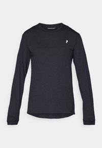 Schwarzes Langarm-T-Shirt mit Rundhalsausschnitt, das ein kleines weißes Logo auf der linken Brust und eine horizontale Naht auf der oberen Brust aufweist.