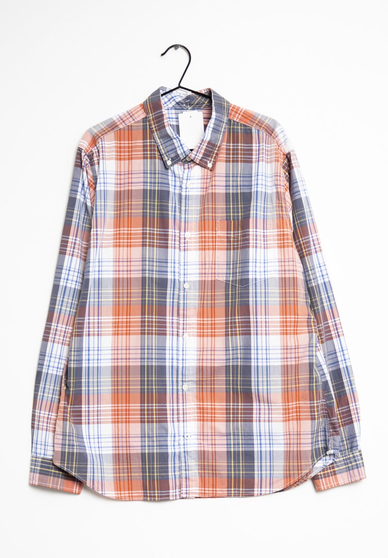 Chemise à manches longues à carreaux dans des teintes orange, bleu et blanc. Dotée d'un col boutonné et d'une poche poitrine, tissu léger.