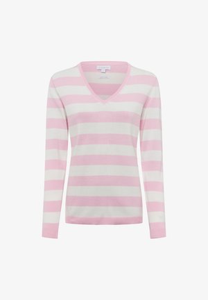 Pull en maille légère avec des manches longues, décolleté en V et rayures alternées rose et blanche. Présentant des bords-côtes aux poignets et à l'ourlet.