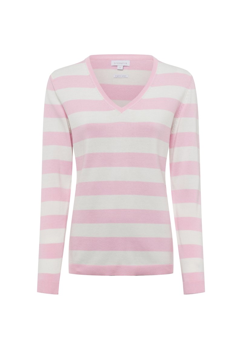 Pull en maille légère avec des manches longues, décolleté en V et rayures alternées rose et blanche. Présentant des bords-côtes aux poignets et à l'ourlet.