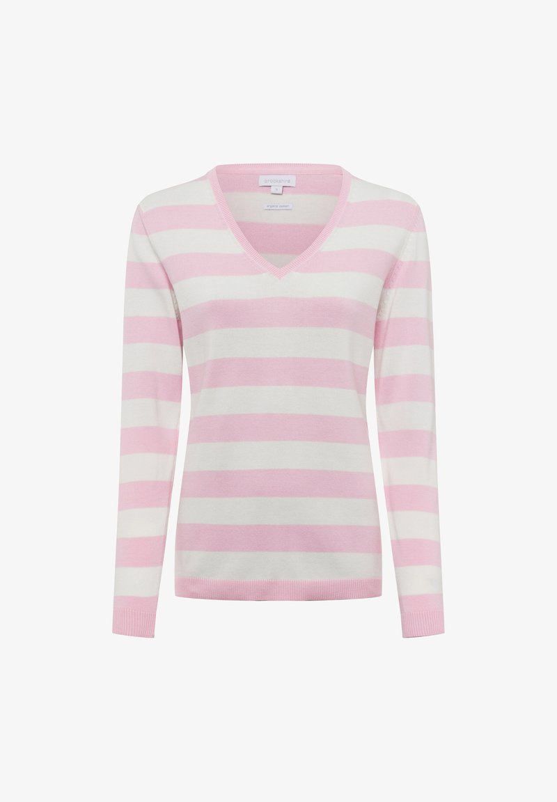 Pull en maille légère avec des manches longues, décolleté en V et rayures alternées rose et blanche. Présentant des bords-côtes aux poignets et à l'ourlet.