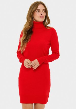Rdeča obleka s turtleneck ovratnikom in dolgimi rokavi, z rebrastimi manšetami in prilegajočo silhueto, izdelana iz gladkega, raztegljivega blaga.