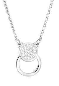 Sølv halskæde med et cirkulært vedhæng, der har en klynge af små, klare krystaller, hængende fra en sammenkædning, med en ekstra ringdetalje.