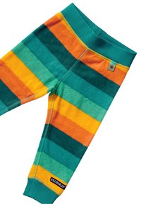 Fleece-Hose mit gestreiften Mustern in Grün, Orange und Gelb. Verfügt über einen elastischen Bund, kontrastierende Nähte und ein Markenlabel.