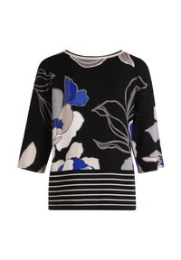 Schwarze Bluse mit drei Viertelärmeln, die blau-beige florale Muster und horizontale gestreifte Akzente am Saum aufweist.