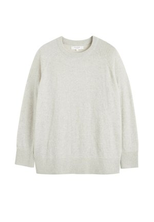 Maglione grigio chiaro in maglia con scollo a girocollo, polsini e bordi a coste e maniche raglan. Texture morbida, design semplice e senza motivi visibili.