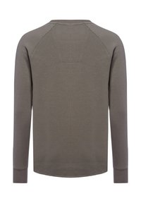 Langärmliges, strukturiertes graues Shirt mit Rippbündchen, Rundhalsausschnitt und Raglanärmelnaht, von hinten auf weißem Hintergrund gezeigt.