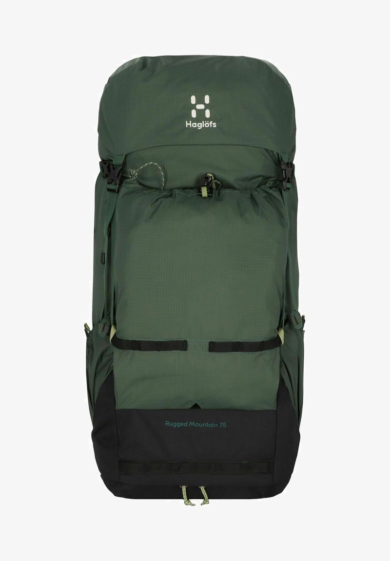 Sac à dos en nylon vert avec une fermeture enroulable, fond noir, bretelles ajustables et logo en haut. Comprend une poche avant et des boucles sur les côtés.