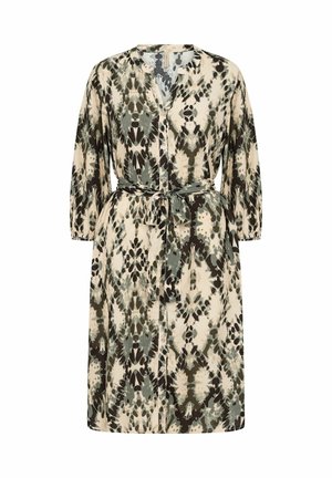 Robe boutonnée à manches longues en beige, vert et marron avec un motif tie-dye. Dispose d'une taille ceinturée et d'une coupe décontractée avec un col.