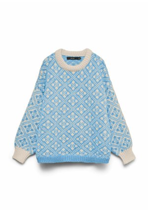 Blå og hvid strikket sweater med diamant- og blomsterprint, med ribbet cremefarvet krave og manchetter, lagt fladt på en hvid baggrund.