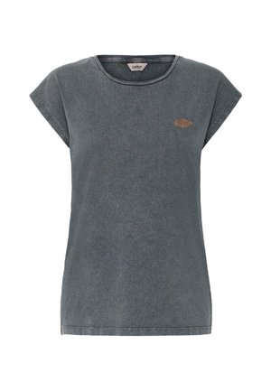 T-shirt en coton gris foncé à manches courtes avec col rond et petit patch logo marron sur le côté gauche de la poitrine.