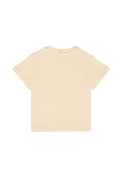 T-shirt a maniche corte e collo tondo in cotone beige chiaro. Presenta una trama liscia e linee pulite e semplici, senza motivi né accenti.