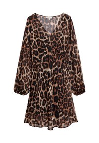 Robe à imprimé léopard dotée d'un col en V, de longues manches bouffantes et d'une silhouette fluide. Fabriquée en tissu léger et transparent.