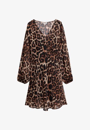 Robe à imprimé léopard dotée d'un col en V, de longues manches bouffantes et d'une silhouette fluide. Fabriquée en tissu léger et transparent.