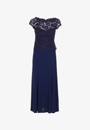 Mørkeblå kjole med en blomsterbesat lace-top med korte ærmer og en flydende, ensfarvet nederdel. Lace har scallopede kanter. Glat stofstruktur.