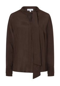 Bruine blouse met lange mouwen en een gestrikt halsdetail. Gemaakt van gladde stof, met een split-halslijn en knoopmanchetten. Eenvoudig ontwerp.