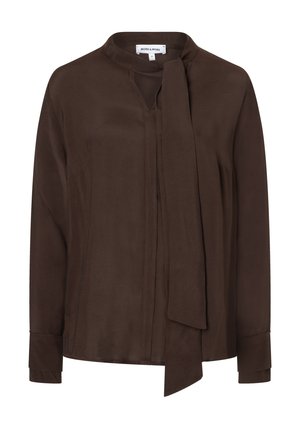 Blouse marron à manches longues avec un détail de cou noué. Fabriquée en tissu lisse, avec un col en V et des poignets boutonnés. Design simple.