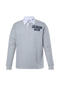 Polo a maniche lunghe grigio con colletto bianco, con la scritta "COLORADO RIVER" in blu navy sul lato sinistro. Realizzato in misto cotone.