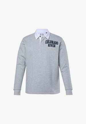 Polo a maniche lunghe grigio con colletto bianco, con la scritta "COLORADO RIVER" in blu navy sul lato sinistro. Realizzato in misto cotone.