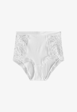 Culotte blanche taille haute avec des panneaux en dentelle florale sur les côtés, en tissu doux, et finition sans couture à la taille et aux ouvertures des jambes.