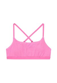 Bralette rosa con un design a zigzag testurizzato, sottili spalline incrociate e una fascia liscia nella parte inferiore per il supporto.