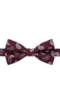 Burgundowa muszka w wzory, wykonana z teksturowanej tkaniny, z deseniem paisley w granatowych i różowych akcentach. Klasyczny kształt z regulowanym paskiem.