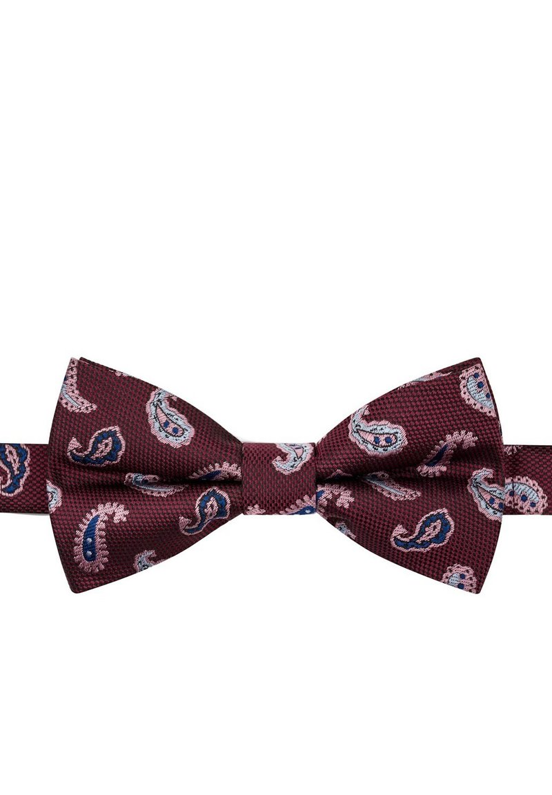 Burgundowa muszka w wzory, wykonana z teksturowanej tkaniny, z deseniem paisley w granatowych i różowych akcentach. Klasyczny kształt z regulowanym paskiem.