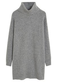 Graues, geripptes Strickkleid mit hohem Kragen und langen Ärmeln, das eine lockere Passform und eine weiche Textur bietet.