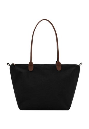 Sac cabas noir avec poignées en cuir marron et fermeture éclair supérieure sur fond blanc.