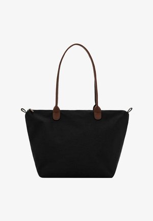 Sac cabas noir avec poignées en cuir marron et fermeture éclair supérieure sur fond blanc.