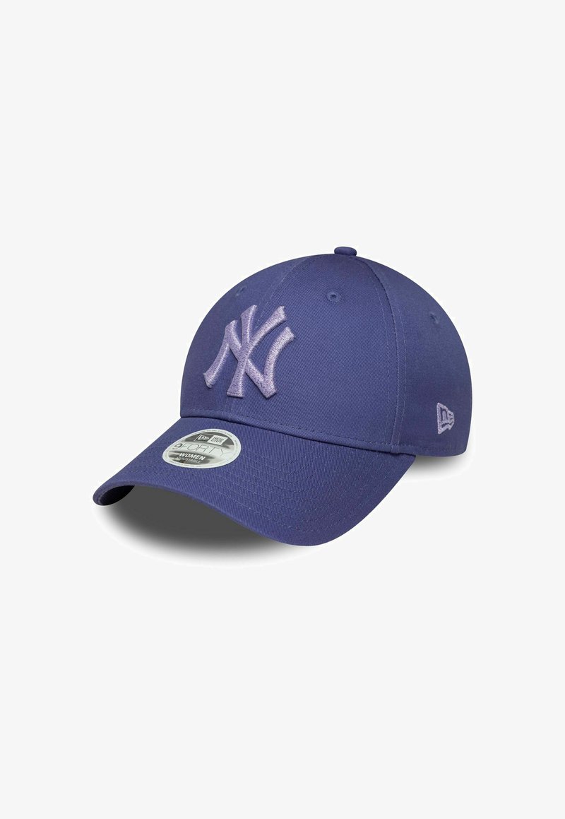 Purple baseball cap made of textile fabric, featuring an embroidered NY logo in lighter purple, with a curved brim and adjustable fit.